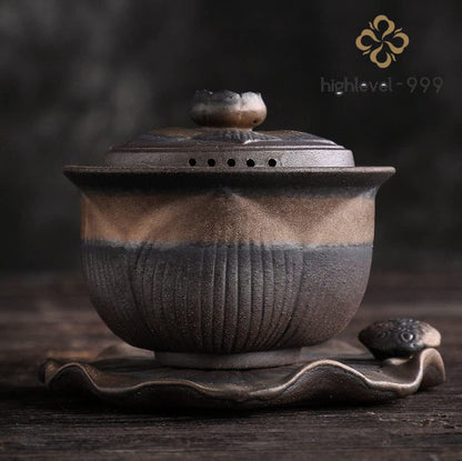 4.6" Chinese Retro Coarse Pottery Gaiwan Tea Cup Handmade Tureen Tea Bowl TeaSet