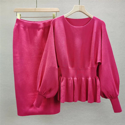 2 Two Piece Set Women Lantern Long Sleeves Crop Tops Sweater Sexy Skirts Sets