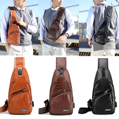 Men's Leather Chest Bag Shoulder Pack USB Charging Port Crossbody Handbag