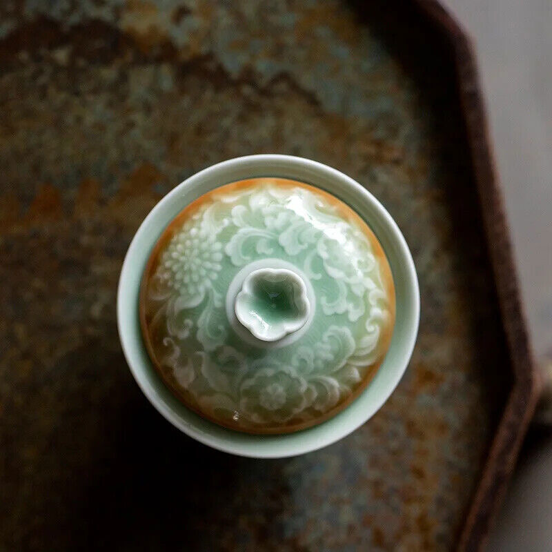 Retro Chinese Style Celadon Carved Flower Relief Ceramic Tea Tureen Gaiwan