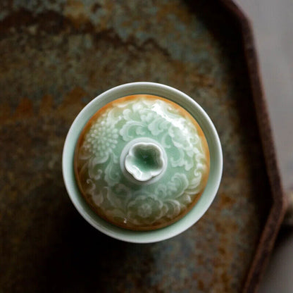 Retro Chinese Style Celadon Carved Flower Relief Ceramic Tea Tureen Gaiwan
