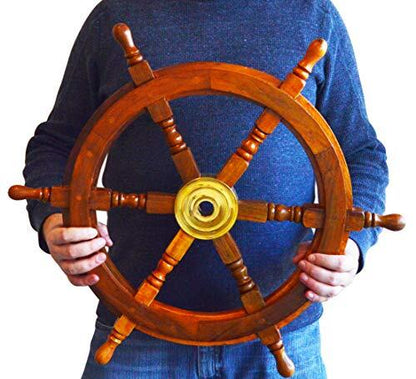 24" Wooden Ship Wheel Wall Decor w\ Brass Center Hub, 0.85" hole for hanging