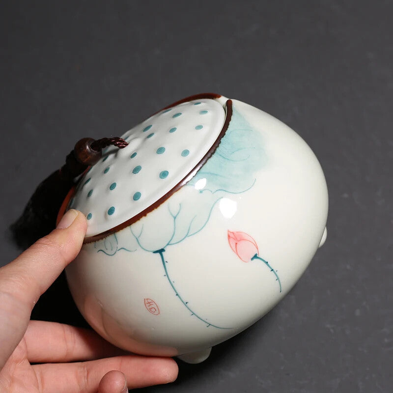 Hand Painted Lotus Ceramic Tea Jar Traditional Chinese Tea Storage Tins