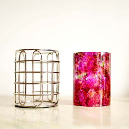 Set of 2 Stainless Steel (Silver Color) and Pink Glass Silverware Holders