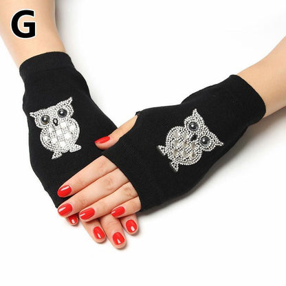 Women Fingerless Gloves Black Colour Half Finger Animals Pattern Rose Embroidery