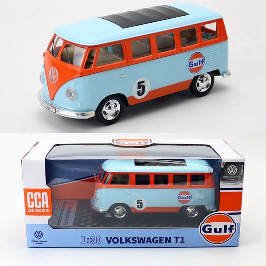1:30 Diecast GULF Oil Volkswagen T1 Bus Metal Car Model Toy Pull Back Sound