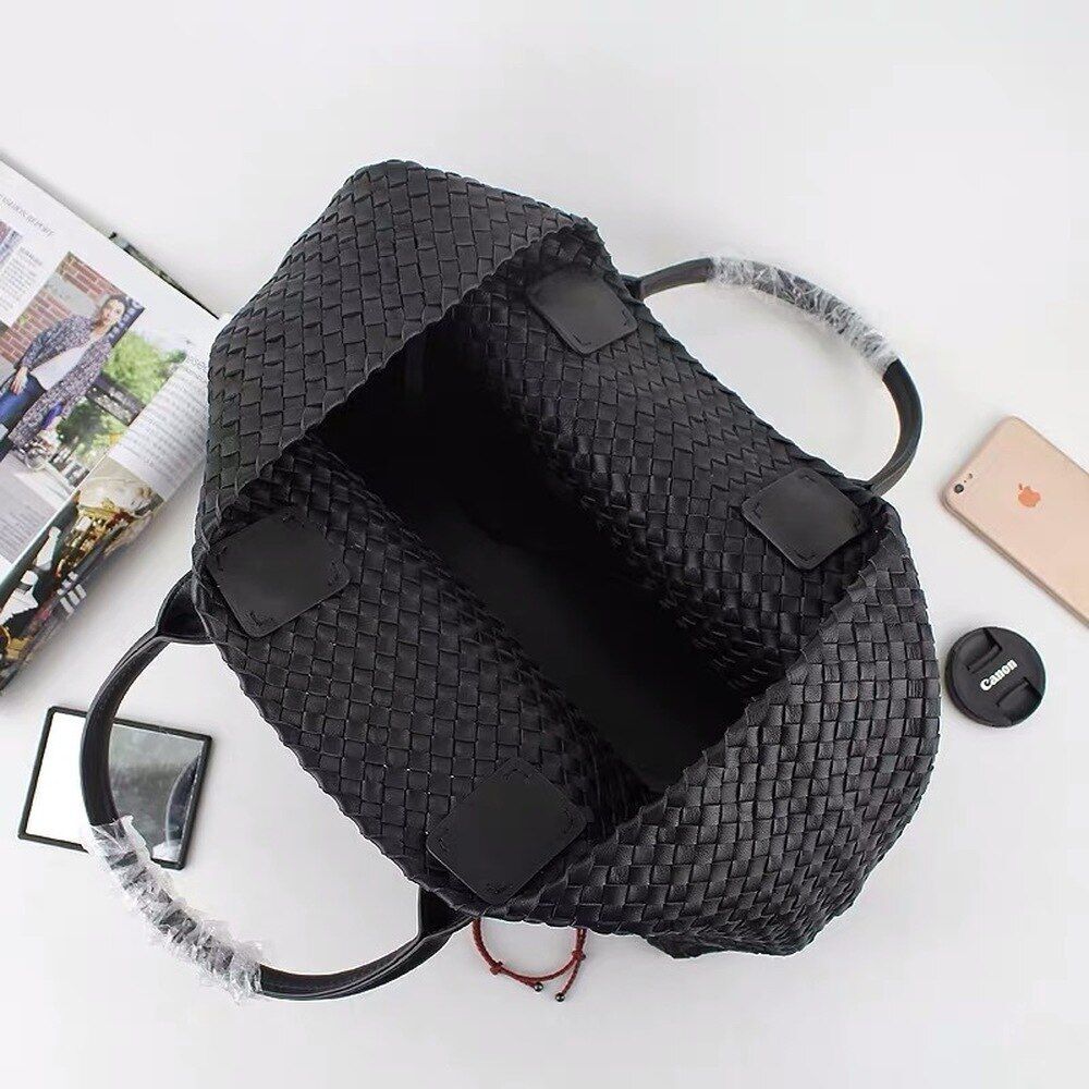Tote Synthetic Leather Knitting Shoulder Shopper Bag Woven Large Purse Black 1PC