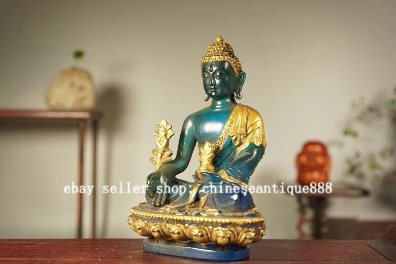 5'' Old Tibet Colored Glaze Gilt Menla Medicine Buddha Medical God Lotus Statue