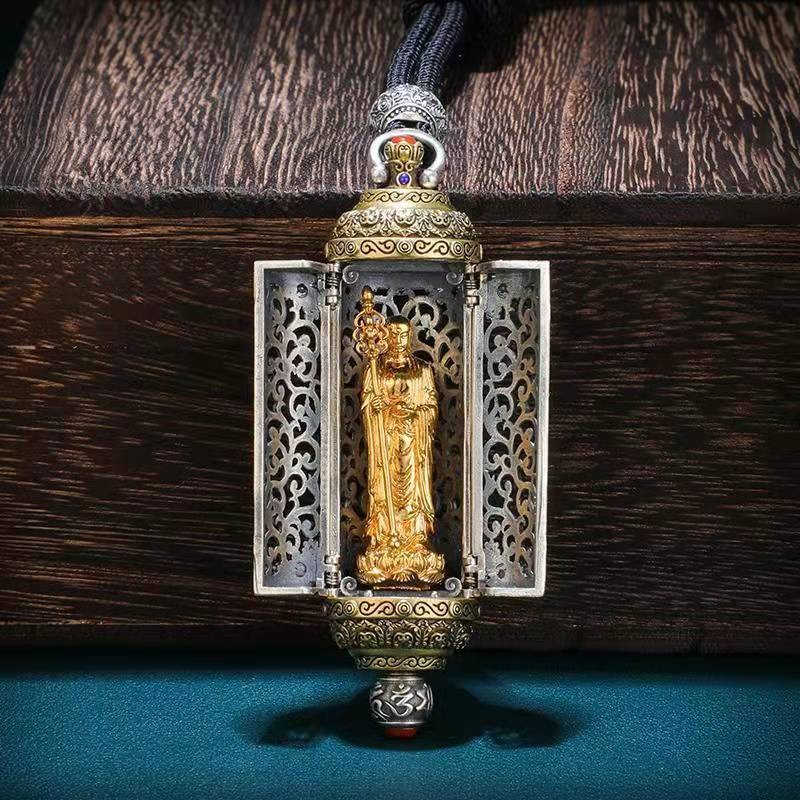 Premium Silver Gau Box Pendant Amithabha Buddha Openable Guochao Ethnic Necklace