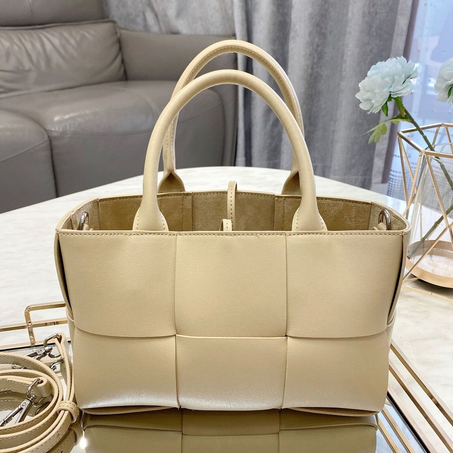 Small Woven Real Leather Tote Handbag Fashion Purse Shoulder Bag w/ Long Strap