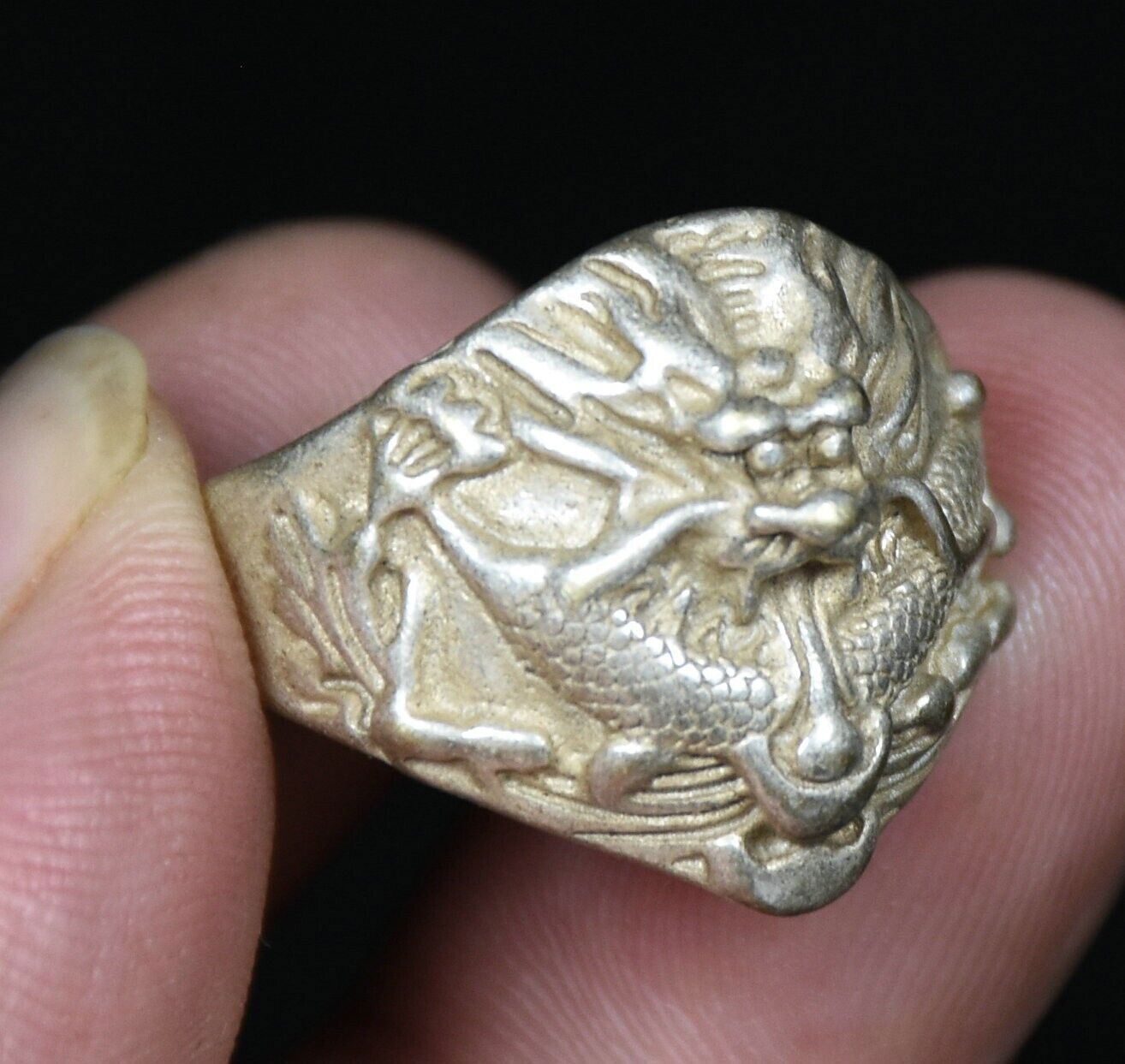 Old Chinese Luck Ring Miao Silver Feng Shui 12 Zodiac Year Dragon Wealth