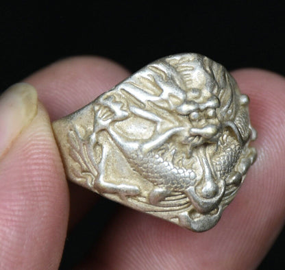 Old Chinese Luck Ring Miao Silver Feng Shui 12 Zodiac Year Dragon Wealth