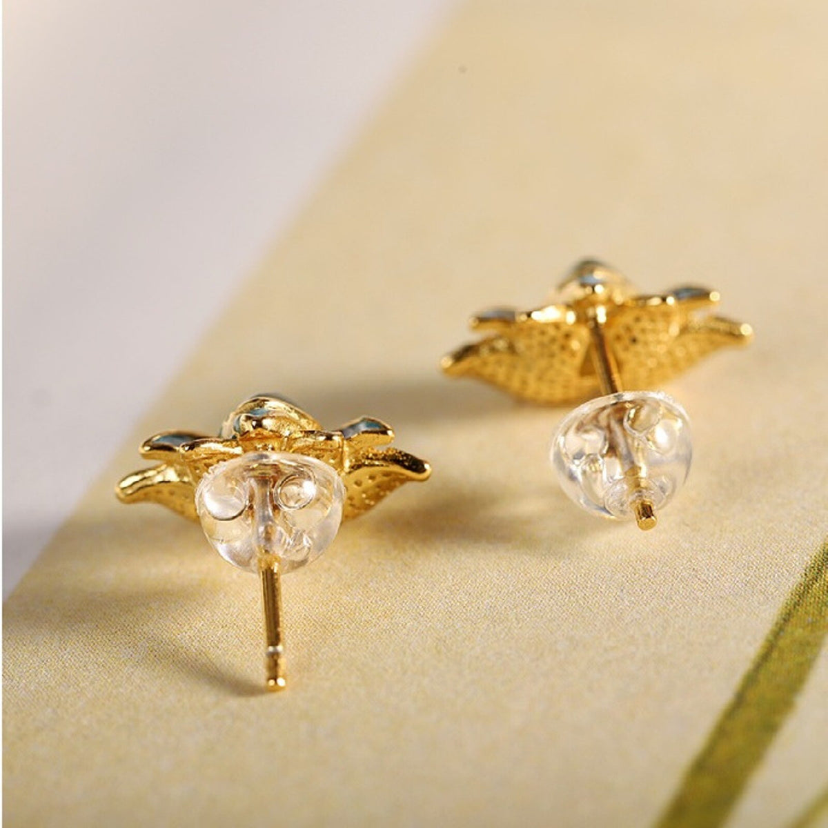 Real 925 Sterling Silver Stud Women Natural Jade Enamel Lotus Flower Earrings
