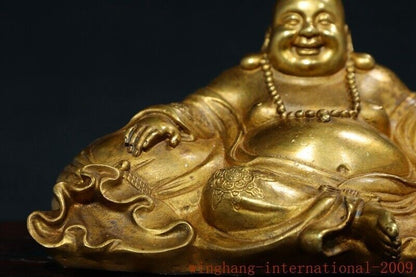 8.8"Old China Xuande Marked Bronze Gilt Happy Laugh Maitreya Buddha Statue