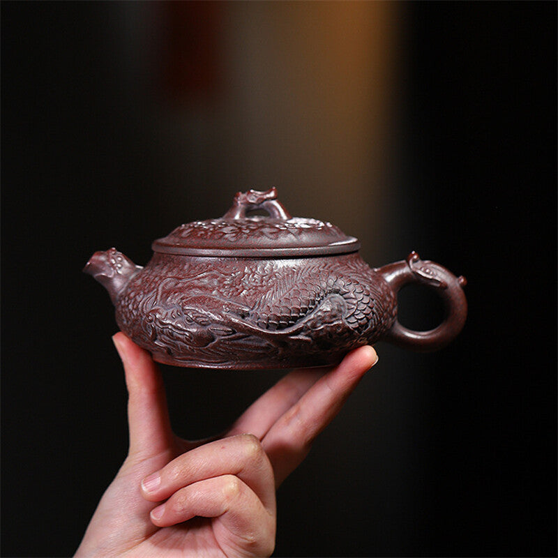 Handmade Tea Pot Dragon Carved Real Yixing Zisha Purple Clay Pot 7 Infuser Holes