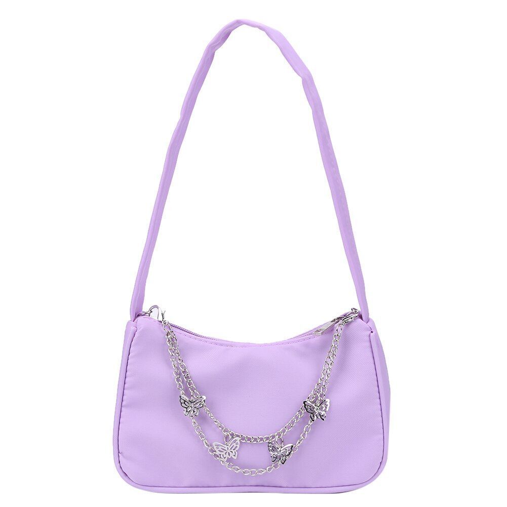 Women Small Shoulder Underarm Bag Leather Nylon Vintage Chain Zipper Handbags