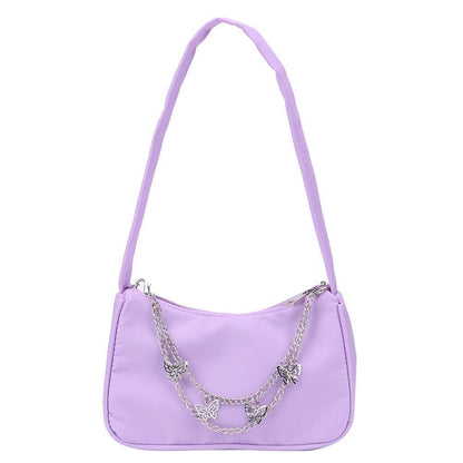 Women Small Shoulder Underarm Bag Leather Nylon Vintage Chain Zipper Handbags