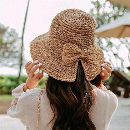 Women Vintage Fashion Folding Straw Bucket Hat Braid Summer Beach Sun Hat w/ Bow