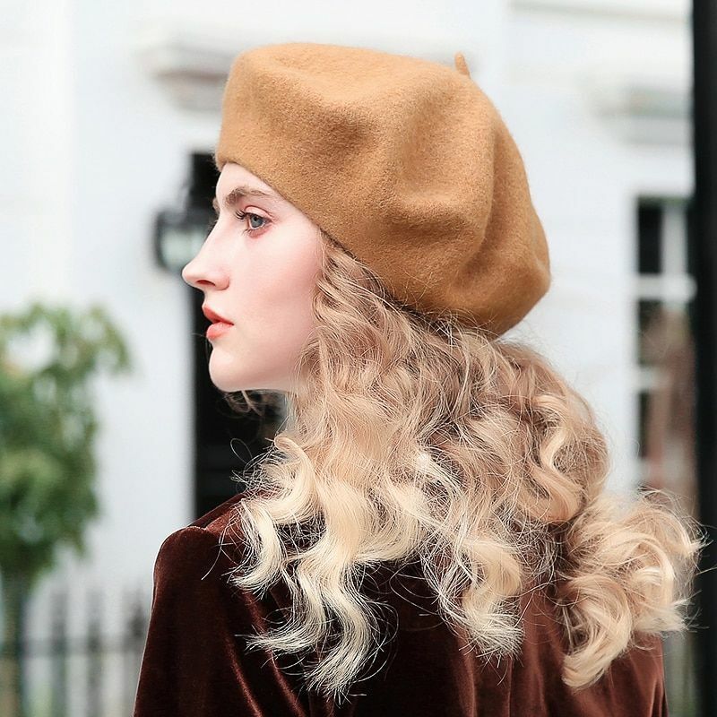 Wool Beret Hats Women Pure Felt British Style Solid Color Slouchy Winter Female