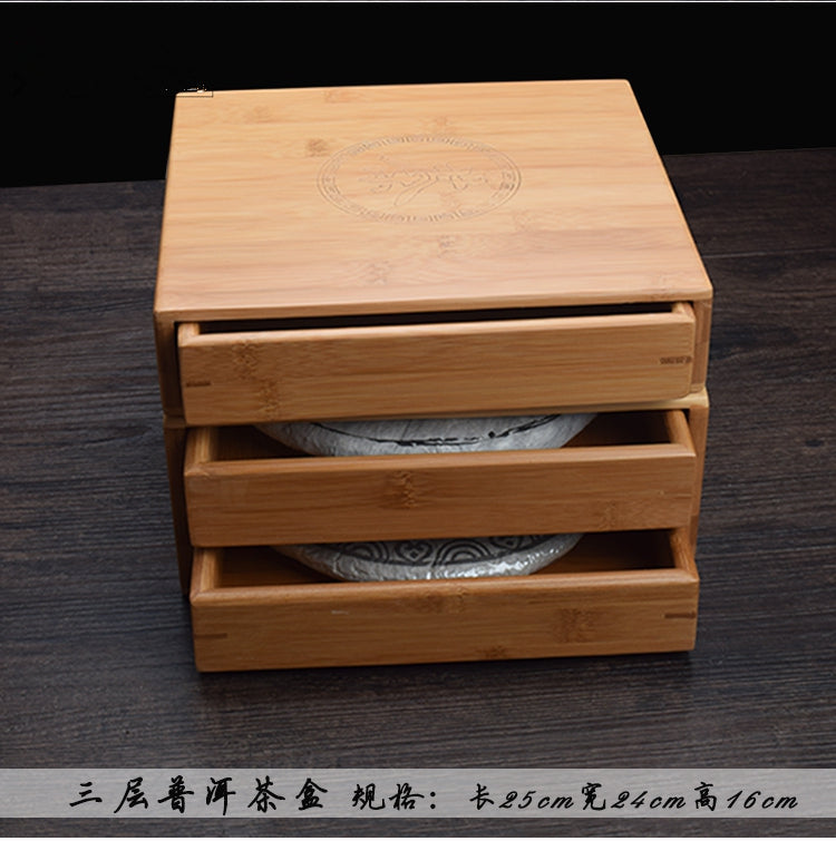 Bamboo Box For Pu'er Tea Storage Box For Pu'er Tea Cake Tea Drawer One/Two Layer