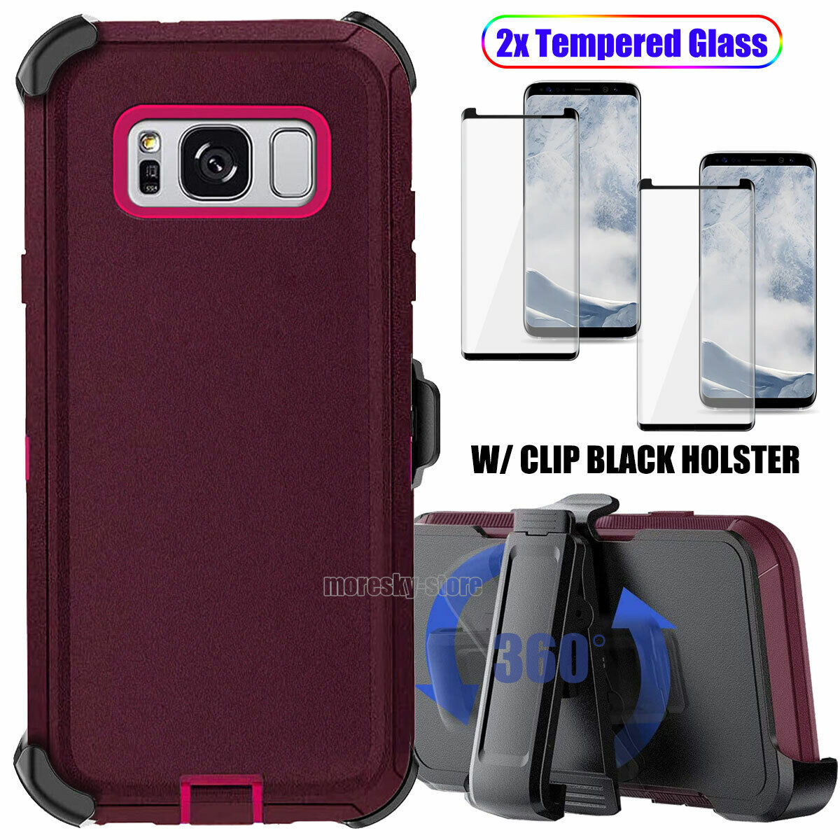 Case Clip Holster Cover, Tempered Glass Protector For Samsung Galaxy S8 Plus