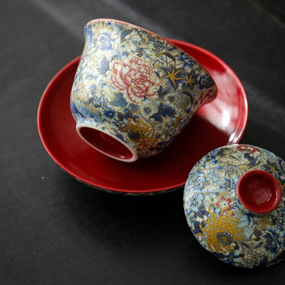 Chinese Gaiwan Color Enamel Craft Ceramic Tureen Covered Bowl Saucer Lid Tea Cup