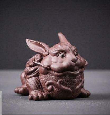 China Yixing Zisha Pottery Zodiac Rabbit Head Golden Toad Wealth Tea Pet Statue