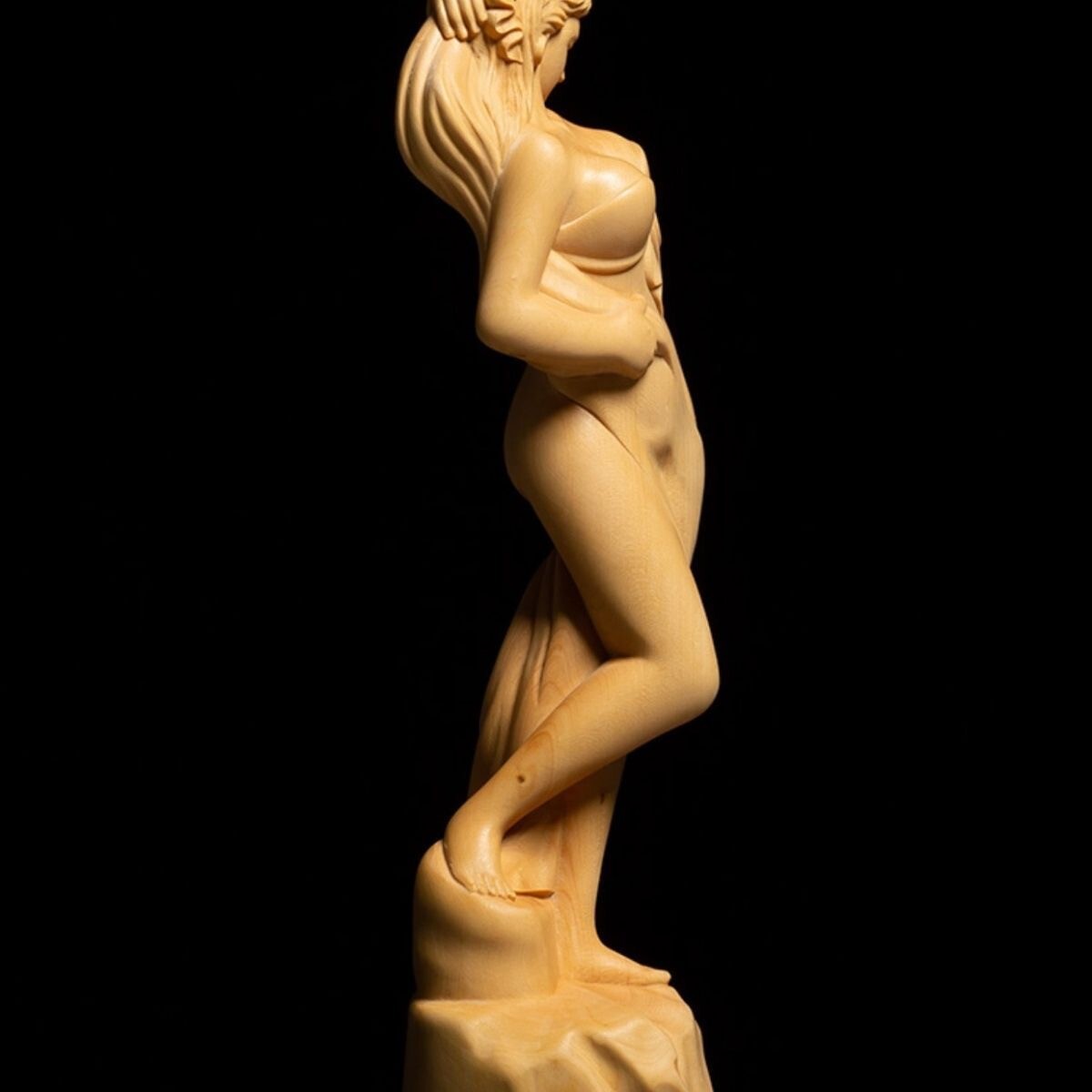 7" Boxwood Carved Girl Statue Beauty Model Hair Woman Home Decor