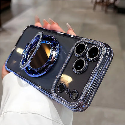 Luxury Rhinestone Magnetic Stand Silicone Case for iPhone 17/16/15/14/13/12/11