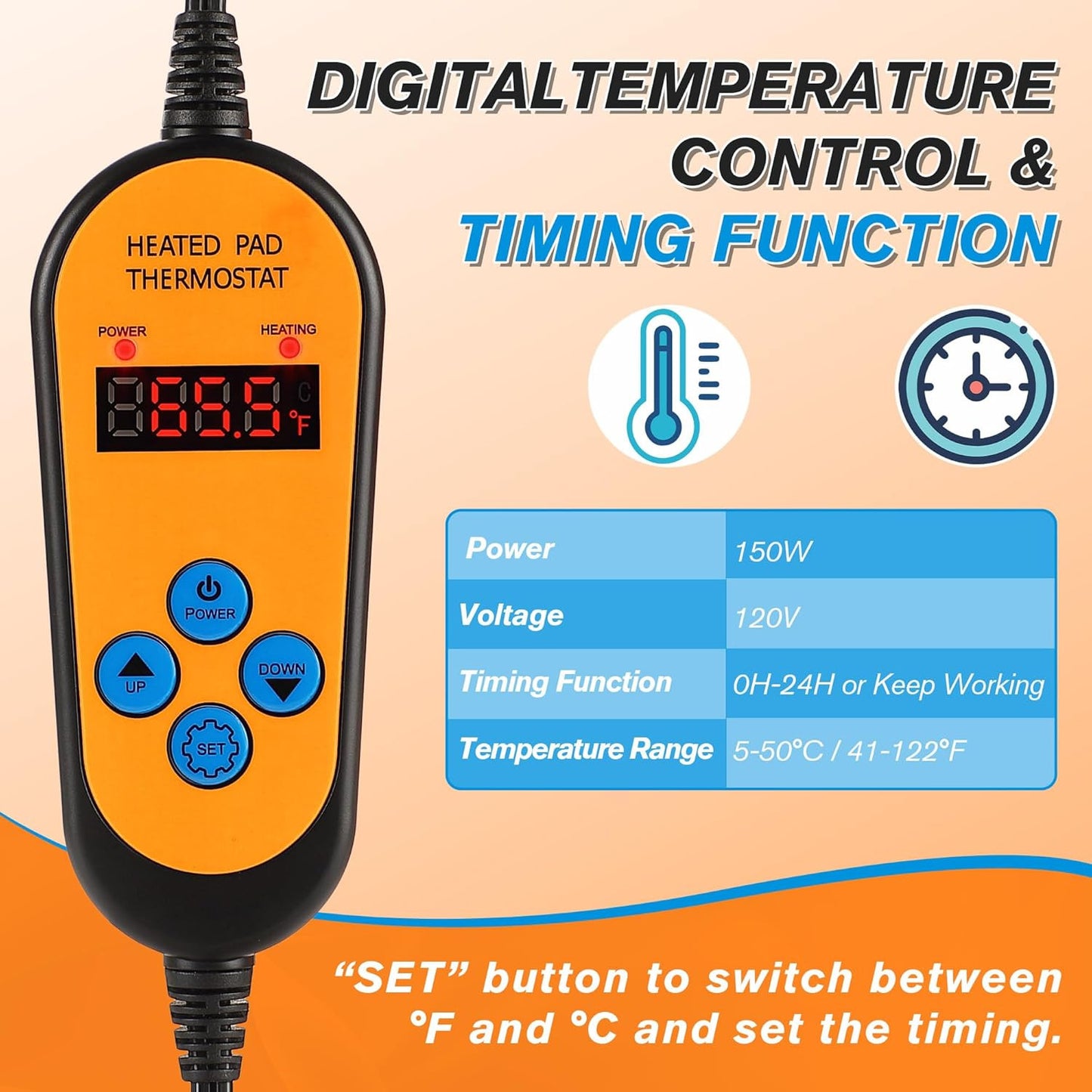 Dual 20LB Propane Tank Heater Blanket Thermostat Control (41-122°F) and Timer Fu