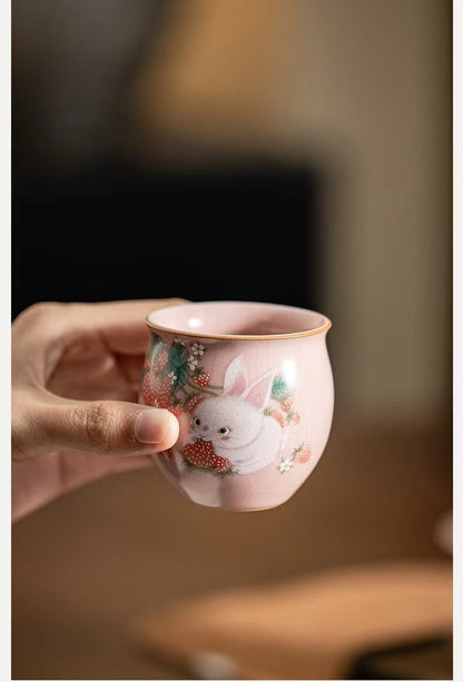 chinese ru ware porcelain tea cup : strawberry rabbit