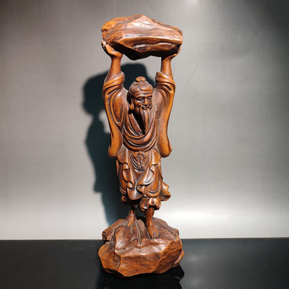 vintage wooden ornament carving Figurines Foolish Old Man, who removed mountains
