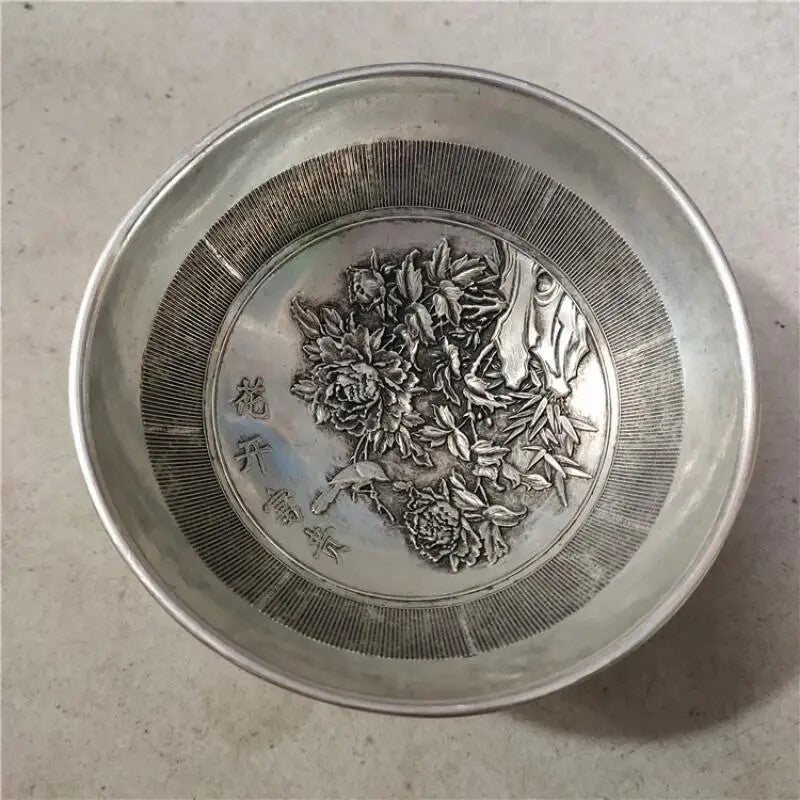 Silver Antique Copper Bowl Gilt Carving Flower Blooming Wealth Honor