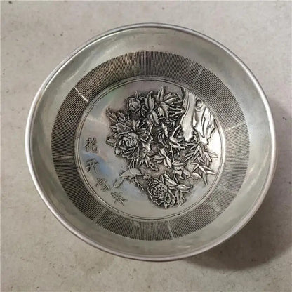 Silver Antique Copper Bowl Gilt Carving Flower Blooming Wealth Honor