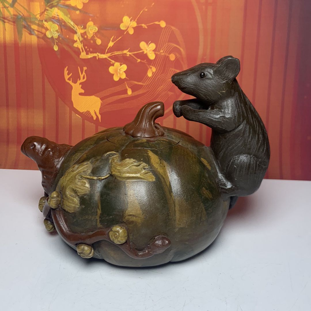 Vintage Chinese Yixing Purple Clay Teapot Zisha Ceramic Mouse Pumpkin Teaware