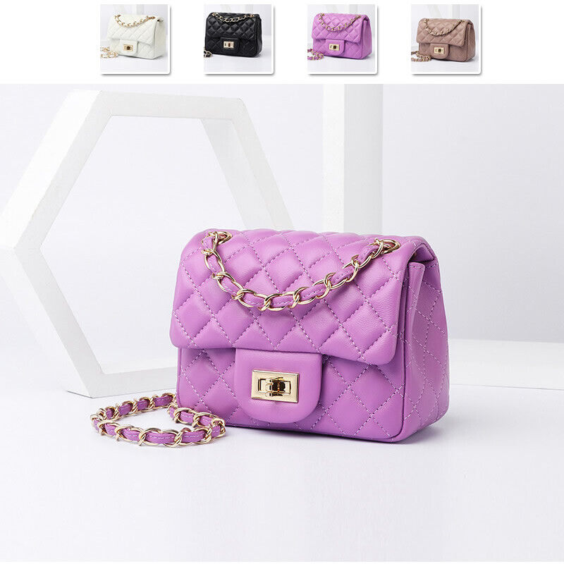 Quilted Sheepskin Leather Small Flap Purse Clutch w/ Chains Shoulder Bag Fashion
