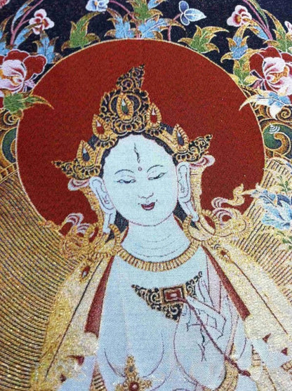 New Silk Embroidery Art Buddhism Tangka Green Tara Buddha Thangka Statue