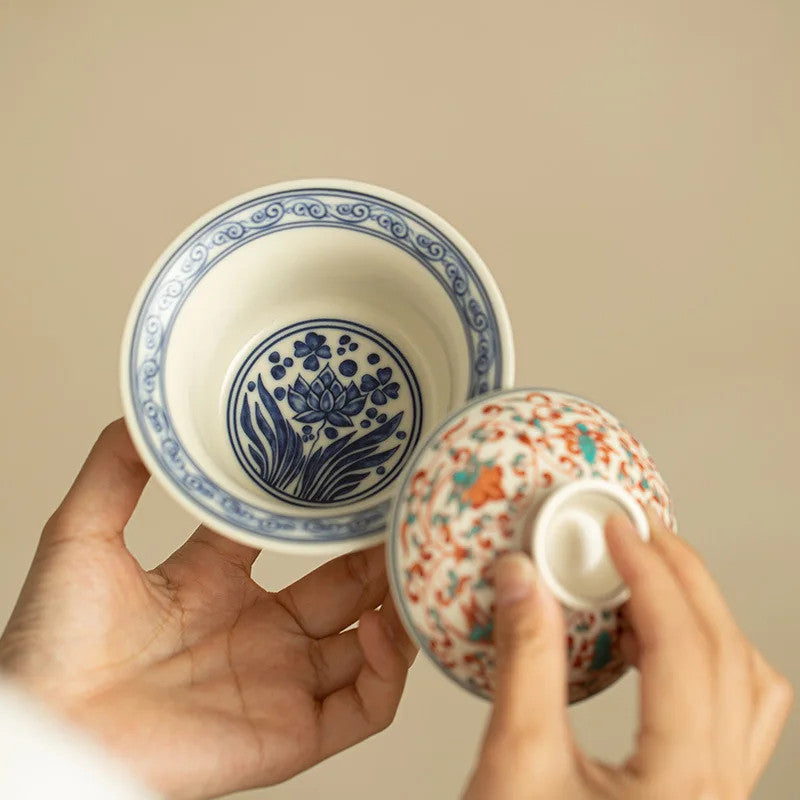 150ml Chinese Ceramic Gaiwan Handmade Lotus Pattern Tea Tureen Kungfu Teaware