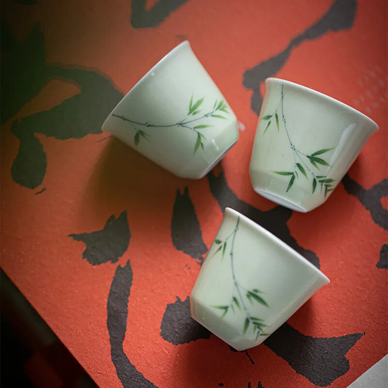 Handpainted Dark Green Bamboo Small Tea Cup Chinese Style Antique Kungfu Tea Cup