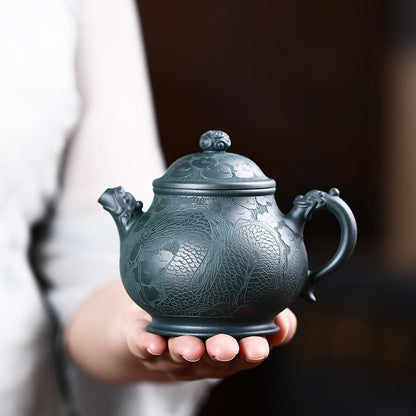 True Yixing Zisha Tea Pot Dragon Carved Tianqing Clay Master Pot Marked 320ml