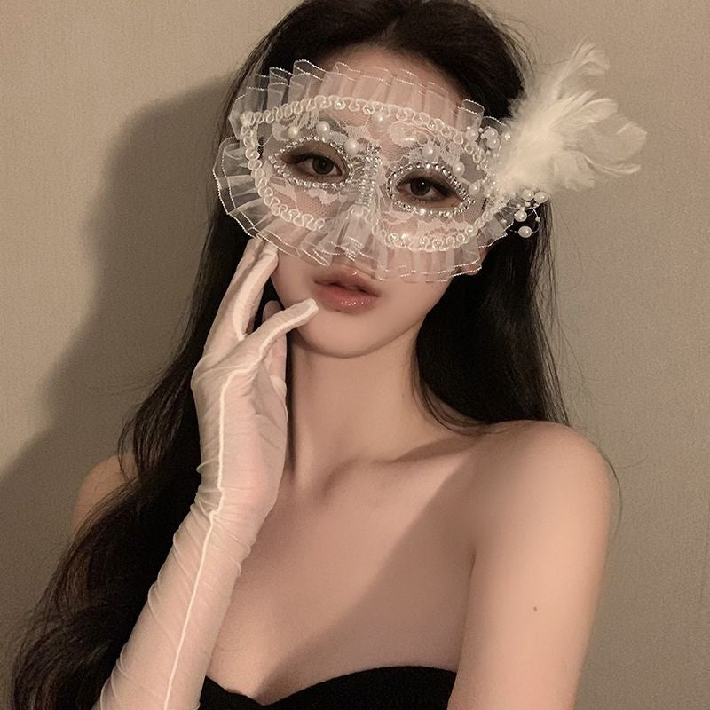 Princess Feather Mask Set 2 Pack Black White Masquerade Half Face Cover