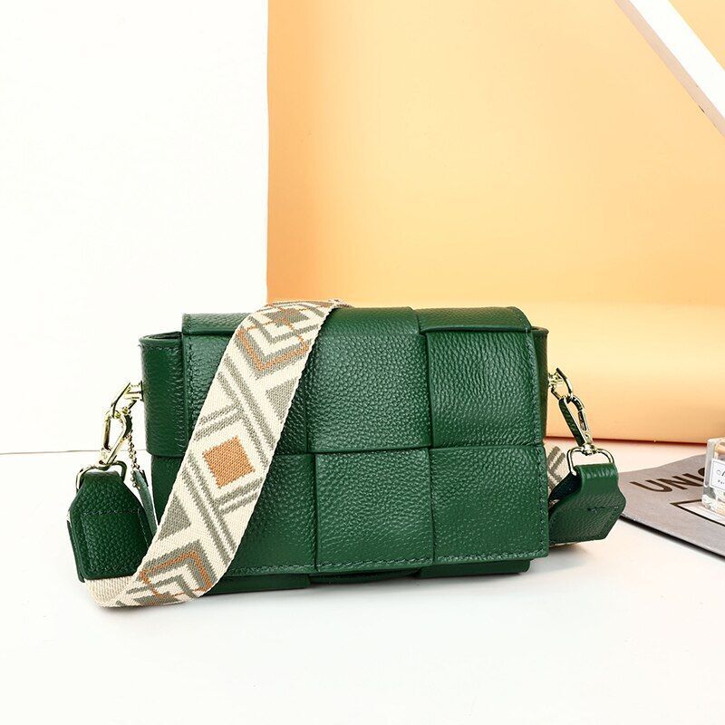 Genuine Leather Shoulder Bags Woven Cow Leather Crossbody Bags Wide Straps Purse