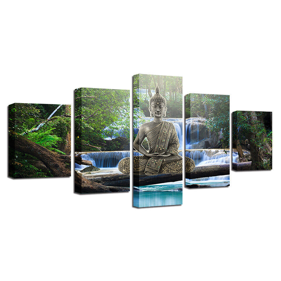 Buddha Meditation Statue Waterfall Scenery Canvas Prints Painting Wall Art Decor