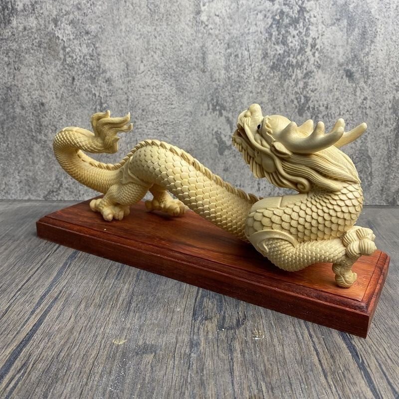 9" Long Boxwood Carved Dragon Statue Woodwork Sculpture Feng Shui Decor