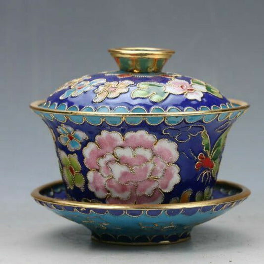 7.08" CHINESE CLOISONNE HAND-PAINTED FLOWER TEACUP BOUTIQUE COLLECT GIFT DECOR