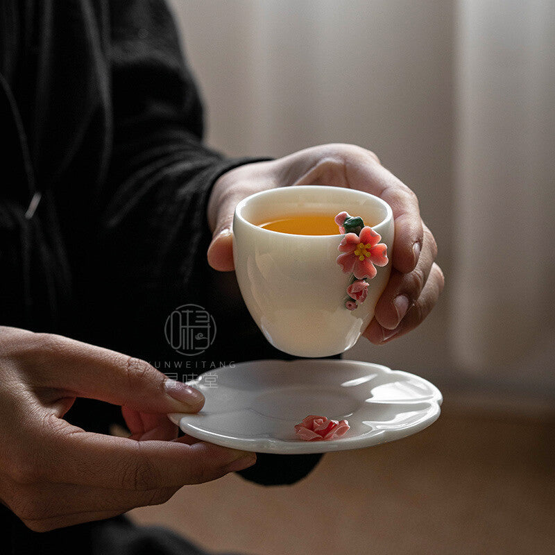 Handmade Single Cup Ceramic Tea Set Sheep Fat Jade Porcelain Flower Shaped Cups