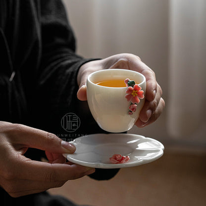 Handmade Single Cup Ceramic Tea Set Sheep Fat Jade Porcelain Flower Shaped Cups