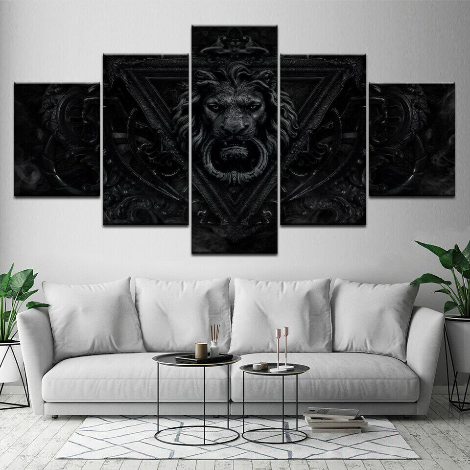 Lion Head iron Portrait Wall Art Painting Print On Canvas 5 Panels No Framed