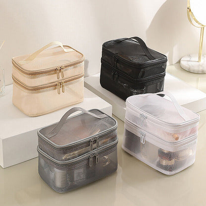 Clear Mesh Double Layer Portable Large Case Cosmetic Storage Bag Pouch Case