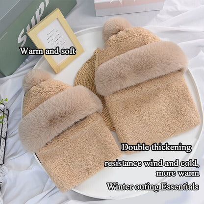 Women Warm Plush Velvet Hats Hooded Thick Scarf Caps Neck Warmer Pullovers Hat